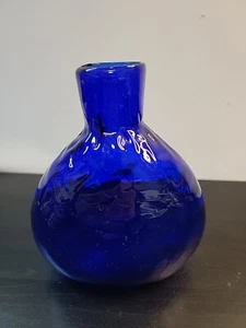 Antique Cobalt Blue Glass Flask  Whittled Handblown Bottle - Picture 1 of 7