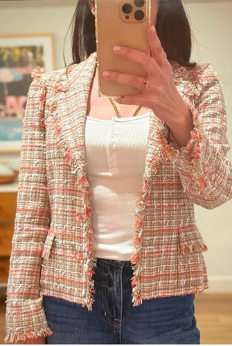 Blazer Chanel 2004P arancione e crema con frange in tweed