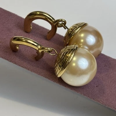Vintage Faux Pearl Earrings with Greek Key Caps Givenchy Style Design Glam - Image 1 of 4