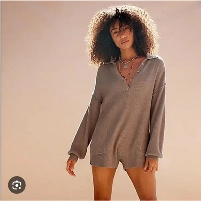 Free People FP Beach One Piece Jumpsuit Romper Longsleeve Brown Ribbed Collar XS - Image 1 of 4