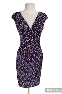Abito da donna Lauren Ralph Lauren finto avvolgente taglia 4 geometrico collo a V stretch 104P - Foto 1 di 8