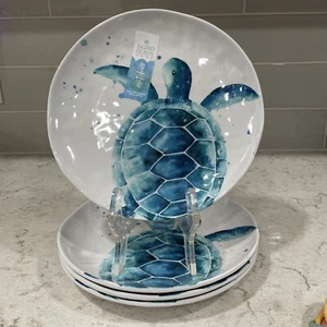 Set 4 SEA TURTLE 9" Melamine Salad Plates Sigrid Olsen Coastal Green Turtles NEW