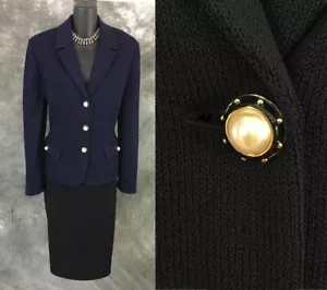 BEAUTIFUL St John knit jacket blue pearl suit blazer size 12 - Picture 1 of 8