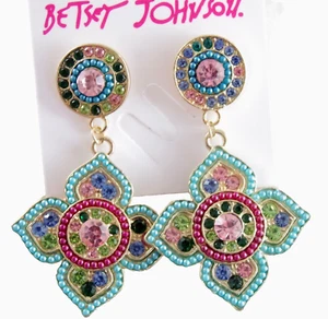 BETSEY JOHNSON BOHEMIAN/ BOHO FLOWER MEDALLION RHINESTONE BEAD DANGLE EARRINGS - Picture 1 of 18