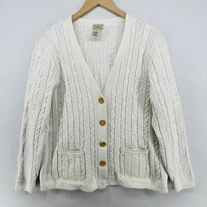 LL BEAN Sweater Womens XL Cardigan Cable Button Front Long Sleeve Cotton White - Picture 1 of 14