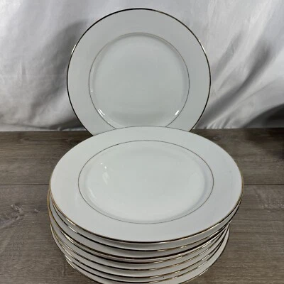 8 JC Penny Home Collection 10 3/4" Dinner Plates In A White Gold Rim Pattern - Image 1 of 4