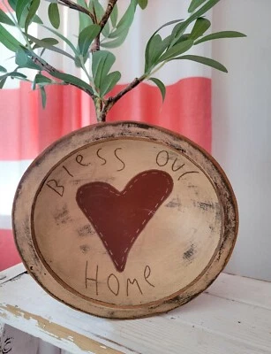 Vintage Artist Signed Primitive Americana Bless Our Home Wooden Decorative Bowl - Image 1 of 4