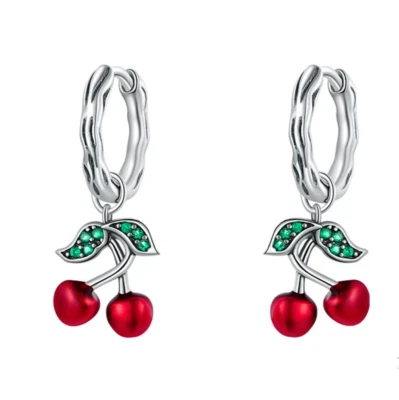 Pendientes colgantes de frutas de plata de ley 925 de cereza dulce para mujer Foto 1 de 4