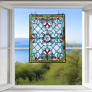 Stained Glass Window Panel Victorian Tiffany Style in Geometric Blues 18x24in - Picture 1 of 4