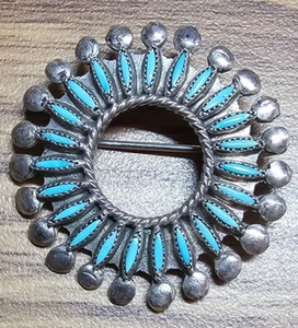 STERLING SILVER*PETIT POINT*TURQUOISE*PIN*BROOCH*ZUNI*NEEDLEPOINT*VINTAGE* - Picture 1 of 4