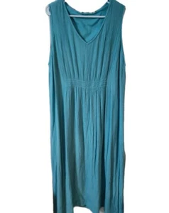 Maxi Abito Morbido Dintorni 2X Blu Teal Garza Pieghettato Senza Maniche Smocked Boho - Foto 1 di 13
