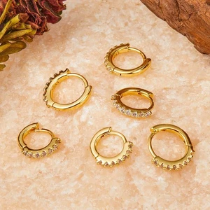 3 Pairs Gold Hoop Earrings Set Crystal 925 Sterling Silver Earrings 6mm+8mm+10mm - Picture 1 of 8