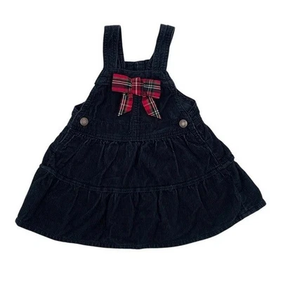 Vestido de Natal Vintage OshKosh Veludo Preto Vermelho Xadrez Laço Meninas 12 Meses - Imagem 1 de 4