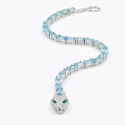6Ct Oval Cut Simulated Aquamarine Panther Tennis Bracelet 14k White Gold Plated - Image 1 of 4