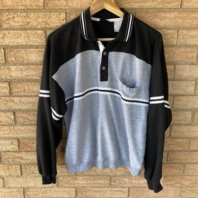 90s y2k Puritan long sleeve banded waist polo shirt sz Medium black gray stripe - Image 1 of 4