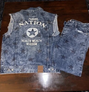 VTG Y2K RARE 2XL Parish Nation Denim Vest Jean Jacket & Jeans 38x32 Star Pattern - Picture 1 of 7