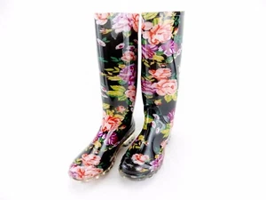 Rain Boots For Women & Girls ~ Cheng's Easy USA, Black w/Colorful Floral Pattern - Picture 1 of 9