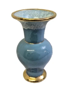 Vintage Mid Century Hull Pottery Blue Drip Glaze Vase with Gold Accents - Picture 1 of 11