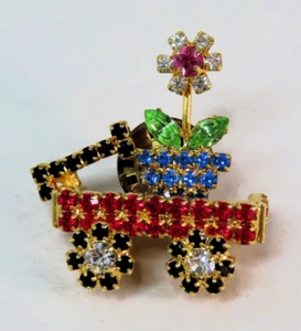 Rhinestone & Gold Tone Flower Pot in Red Wagon Lapel Pin 1.25" - Picture 1 of 8