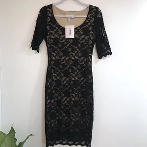 Belle Badgley Mischka 4 Scoop Neck Black Lace Overlay Tan Sheath Dress - Picture 1 of 6