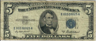 1953A 5$ Silver Certificate - Blue Seal - IBP/RBA E00538825A - #13600 - Image 1 of 2