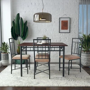 Traditional 5-Piece Wood & Metal Dining Set W/1 Table & 4 Chairs Water-Resistant - Picture 1 of 22