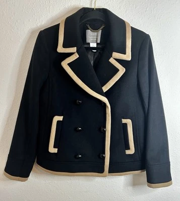 J. Crew Wool Peacoat by Nello Gori Black Tan Trim Size 10P - Image 1 of 4
