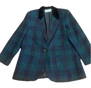 Vtg Blazer Jacket Green Tartan Plaid Equestrian Velvet Collar Preppy 10P Large - Picture 1 of 5