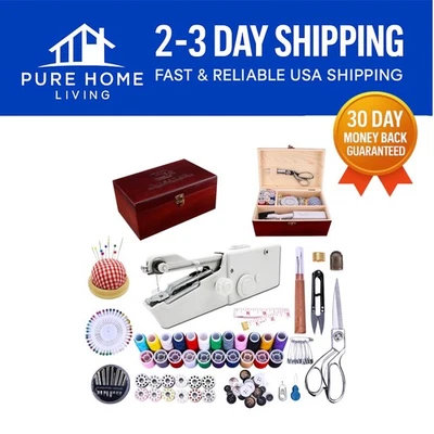Complete 153-Piece Sewing Kit with Handy Handheld Machine & Stylish Wooden Box - Image 1 of 4