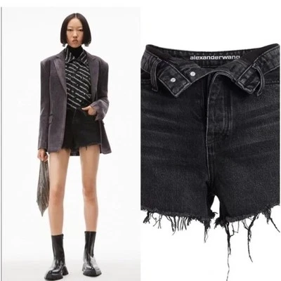 Pantalones Cortos de Denim Alexander Wang Bite Plegables Deshilachados Negros Gris Envejecido Talla 24 Foto 1 de 4