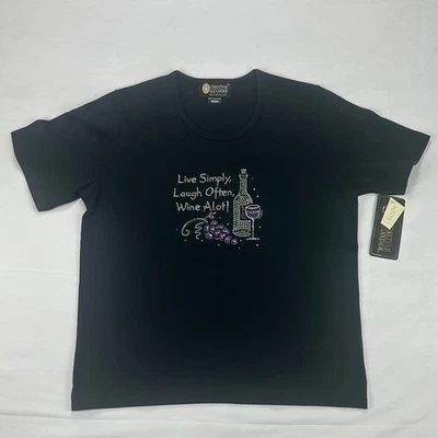 Camiseta negra mediana Christine Alexander Swarovski Crystal Wine Quote Foto 1 de 4