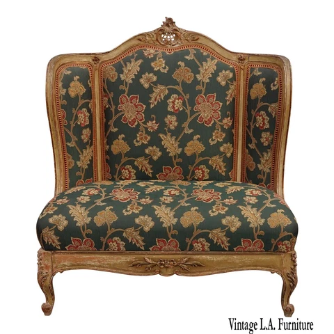 Vintage French Provincial Louis XVI Rococo Ornate Gold Floral Settee Red Plaid Cover