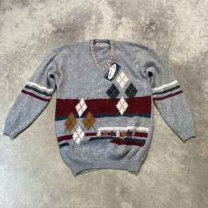 Super Angoora by Naseem Sweater Mens Large Lambs Wool Mohair Blend V Neck Argyle - Picture 1 of 8