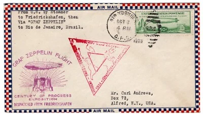 C18 FDC Flown Zeppelin 1933 Century of Progress NY to Brazil Roessler Envelope - Image 1 of 3
