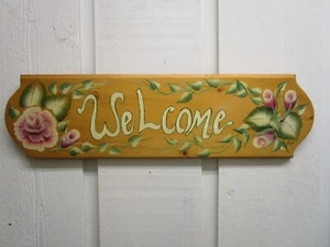 Welcome Sign Hand Painted Wood Folk Art Flowers Cottage Country Signature - Picture 1 of 7