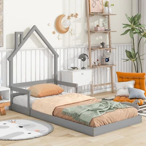 Twin House-Shaped Headboard Floor Bed with Handrails, slats, Grey - Picture 1 of 16