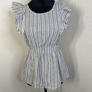 Guess XS White & Black Striped Ruffled Sleeve Peplum Top - Picture 1 of 8