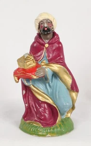 Vintage Nativity Wise Man Magi Figurine 5.5” Purple Robe Tall Chalkware Kneeling - Picture 1 of 7