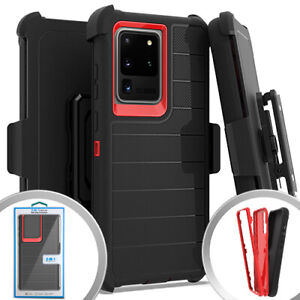 Emax Delux Brushed Hybrid Case w/Holster for Samsung S20 Ultra - Black/Red