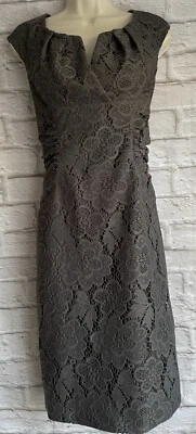 Adrianna Papell Gray Lace Sheath Dress sz 12 Surplice V-Neck Gathers Cap Sleeves - Image 1 of 4
