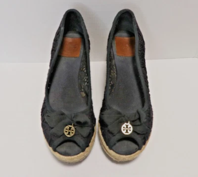 Tory Burch Women's 7.5 Jackie Black Lace Crochet Espadrilles Wedges, Shoes - Image 1 of 4