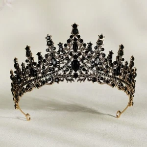 Black Crystal Rhinestone Crown Headband Wedding Bride Princess Queen Hair Tiara - Picture 1 of 3