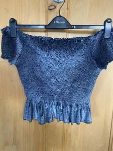 River Island Blue Velvet Off Shoulder Top Size 16 - Picture 1 of 4