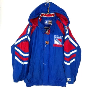 Vintage New York Rangers Starter Puffer Jacket Small Blue Hooded Full Zip Nhl - Picture 1 of 4