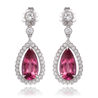 Pendientes de turmalina rosa natural de 6,42 quilates en platino y 18 quilates con diamantes de 1,26 quilates Foto 1 de 4