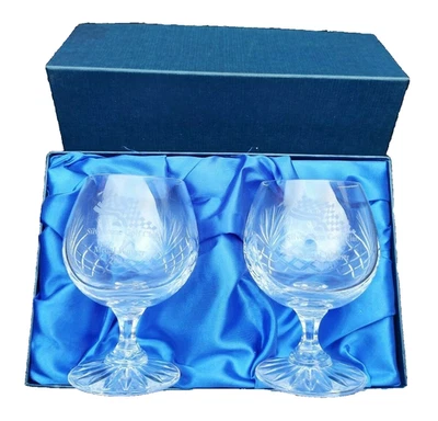 SILVERSTONE GOLF CLUB MEDAL WINNER 2003 SET OF TWO BRANDY COGNAC GLASSES BOXED - Image 1 of 2