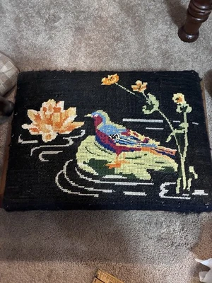 Vintage Floral Needlepoint Footstool Rectangular Victorian w/ Bird Scene - Image 1 of 4