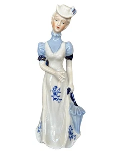 Estatuilla de dama de cerámica de Taiwán vintage, azul y blanco 1950-1959 - Imagen 1 de 6