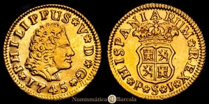 Felipe V 1/2 Escudo (1,74 gramosg) 1745 Sevilla P·J CAL-1651 (MBC+) - Picture 1 of 3