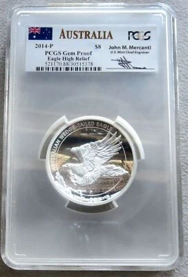 2014 P SILVER AUSTRALIA MERCANTI WEDGE-TAILED EAGLE 5oz HI RELIEF PCGS  GEM PR - Image 1 of 4